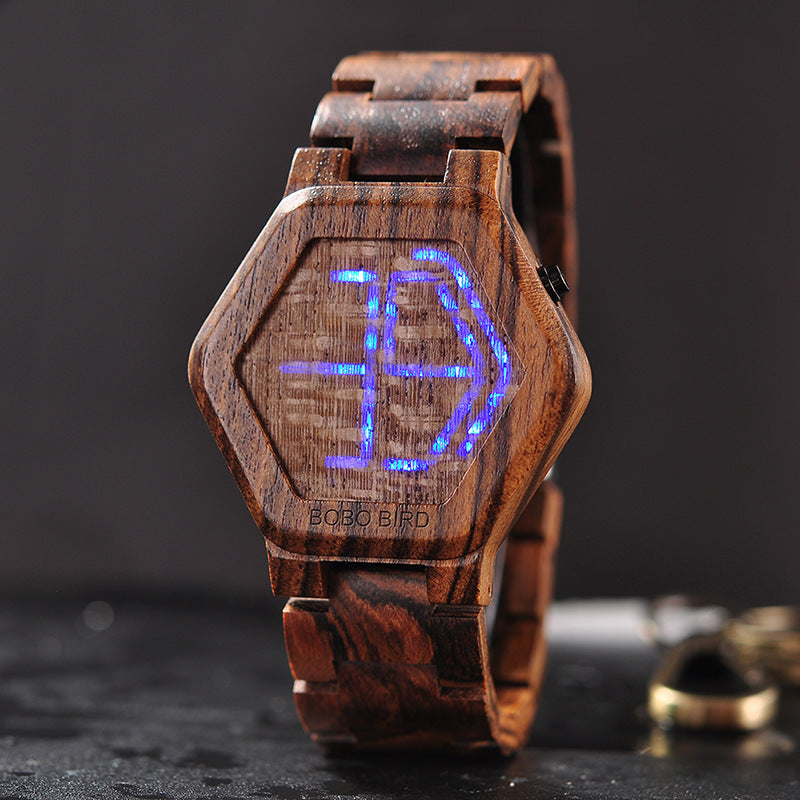 LED Display Wooden Men Wristwatches